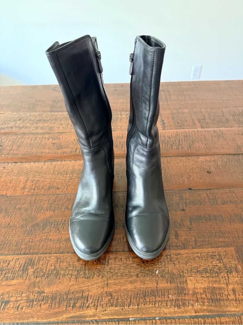 Bata Flexible Classic Black Leather Mid-Calf Heeled Boots